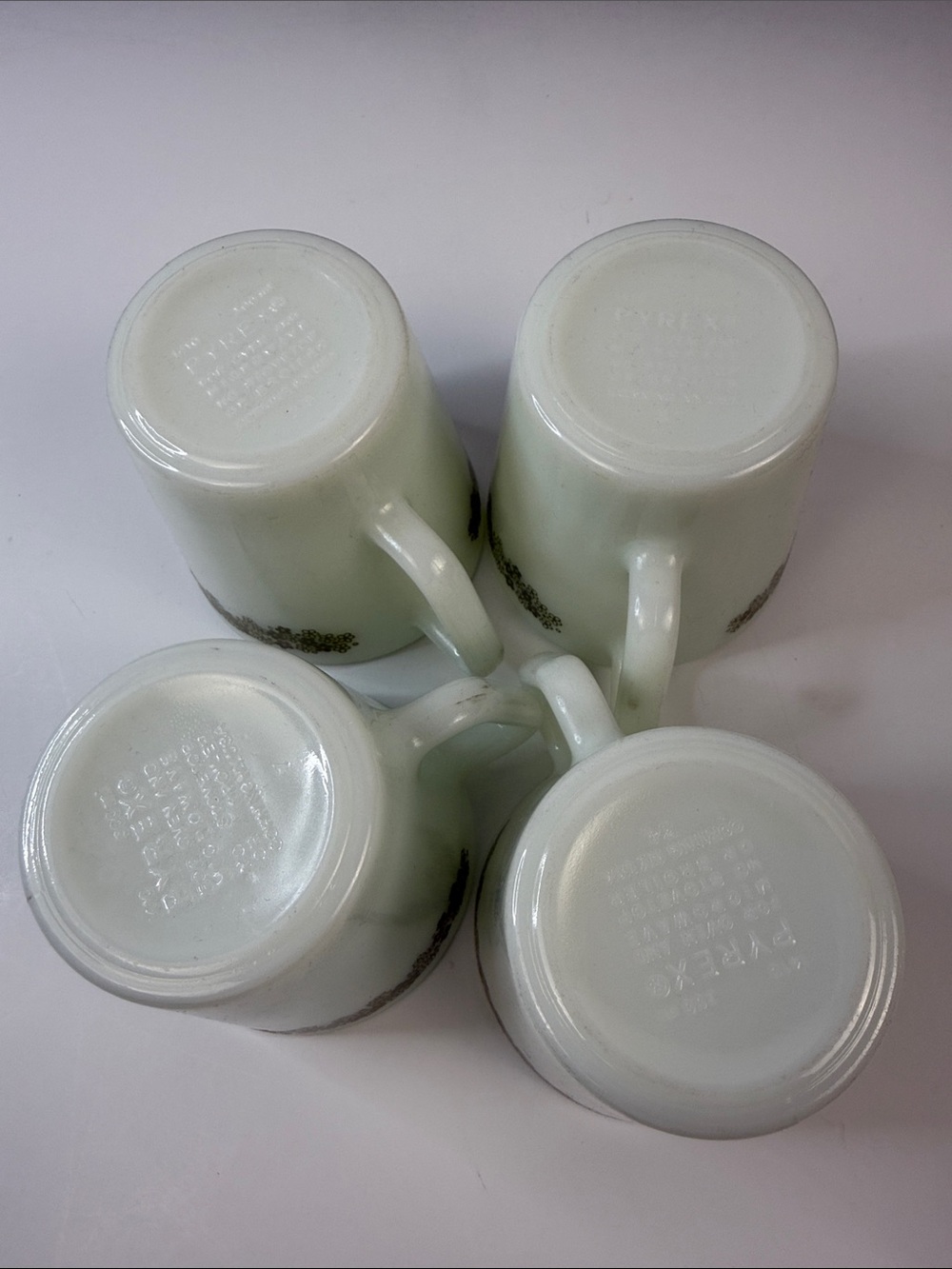 Pyrex Creamy White Glass Mugs with Green Floral Detail - Set of 4 “Milk Glass”